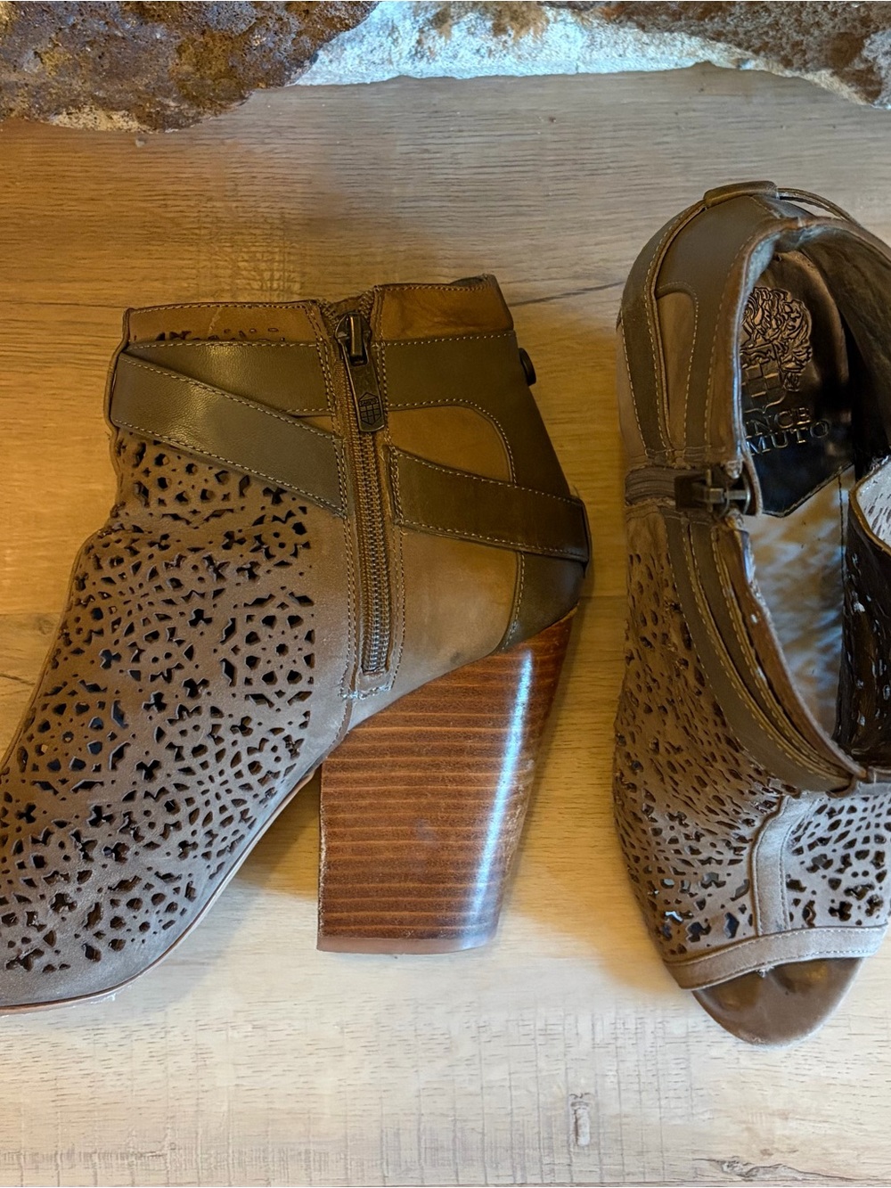 Vince Camuto Taupe Perforated Leather Ankle Booties